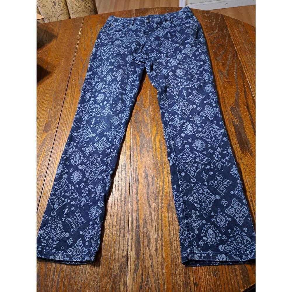 Size 12 Denim & Company Printed Stretch Slim Fit Denim Blue Jeans with Pockets